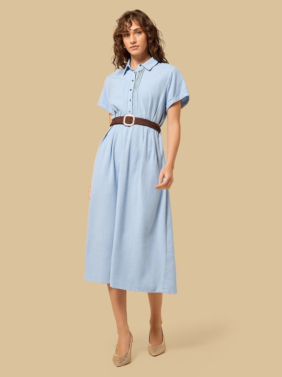 Belted Linen Blend Shirt Dress