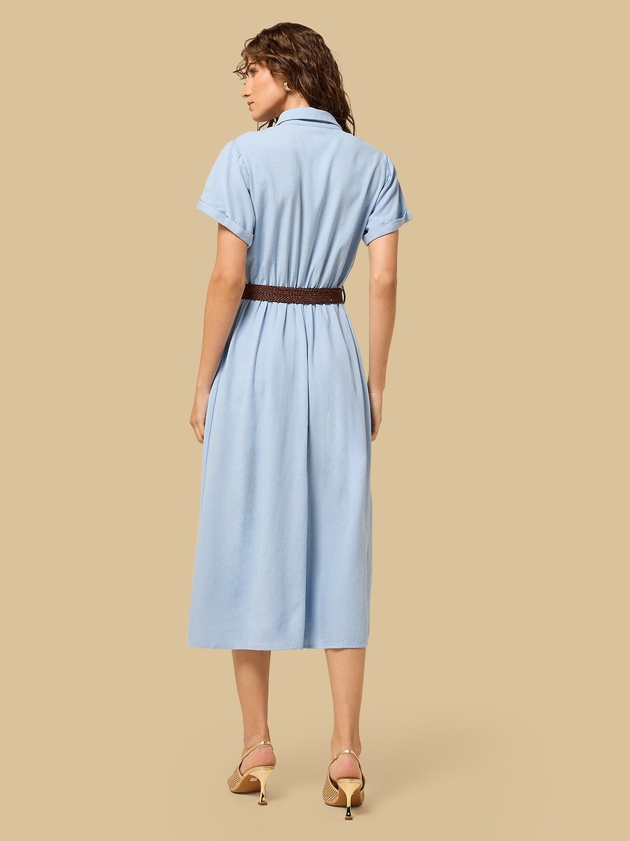Belted Linen Blend Shirt Dress