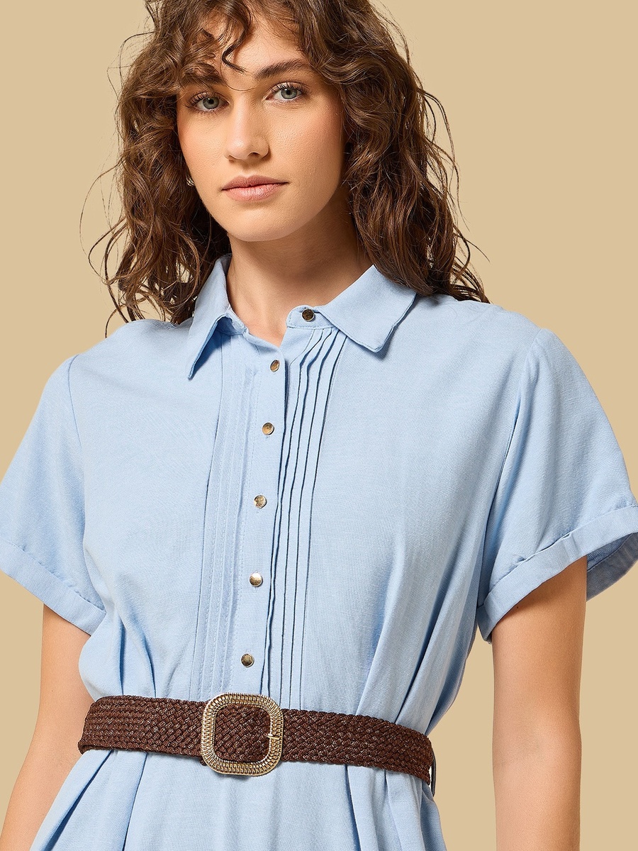 Belted Linen Blend Shirt Dress