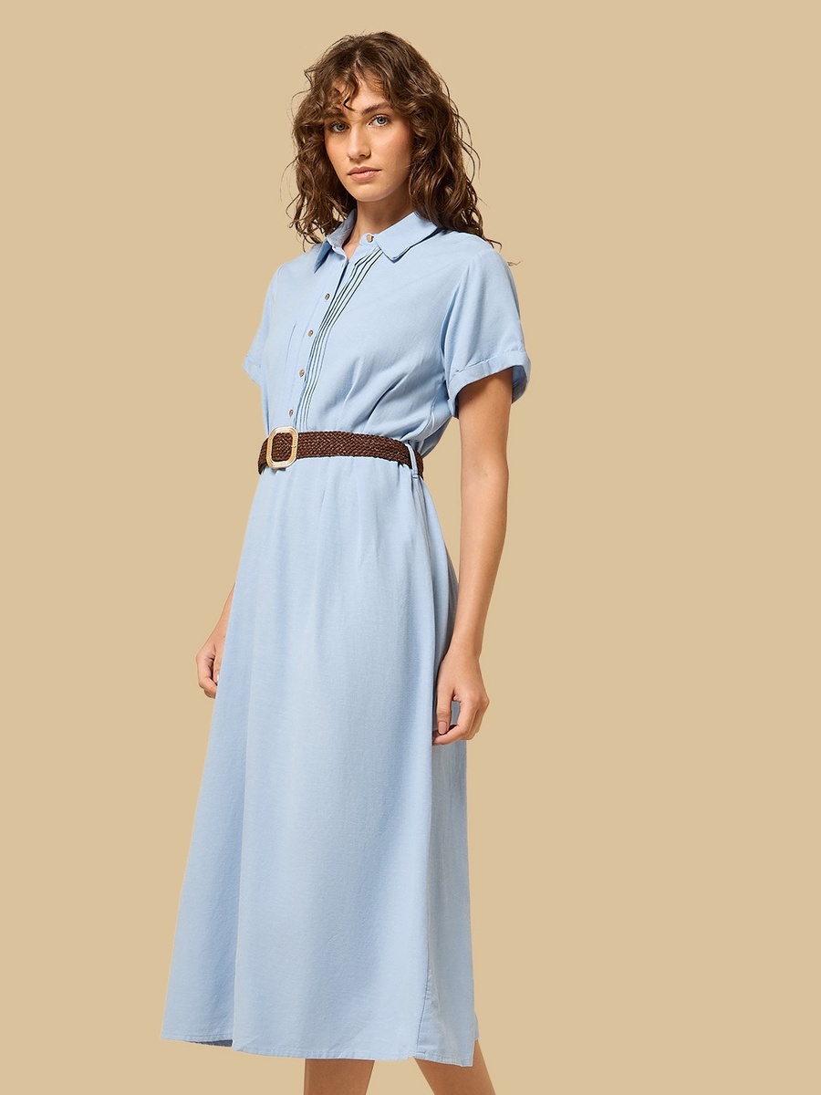 Belted Linen Blend Shirt Dress