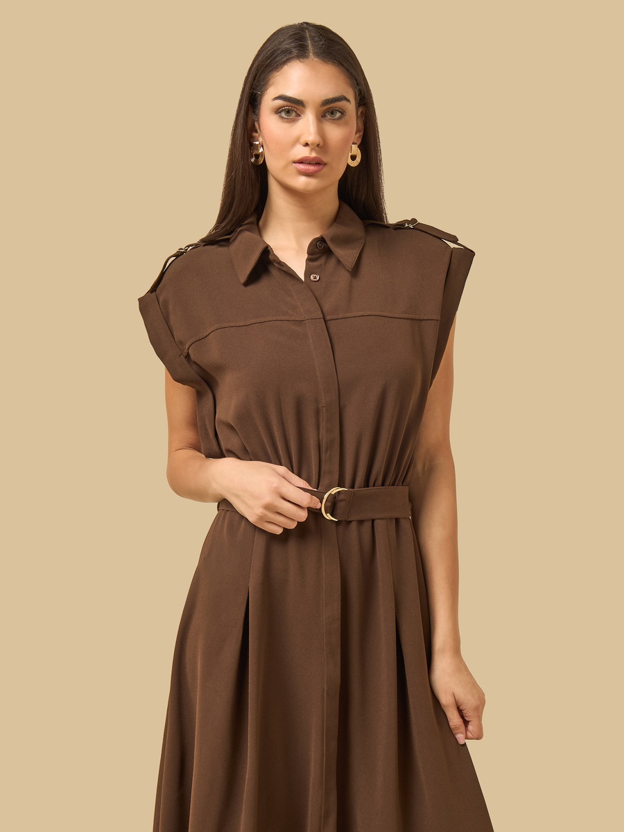 Shoulder Strap Accent Shirt Dress with Belt