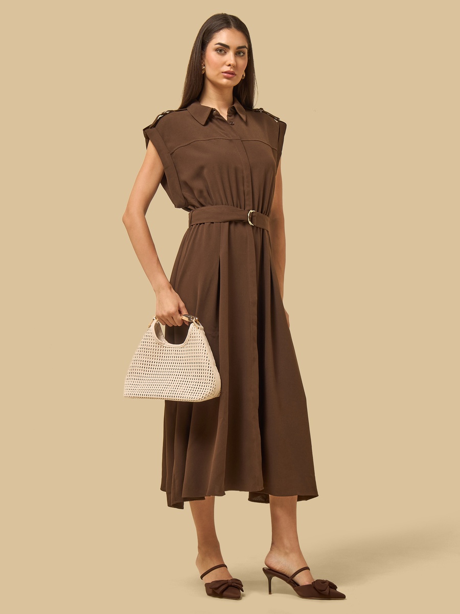 Shoulder Strap Accent Shirt Dress with Belt