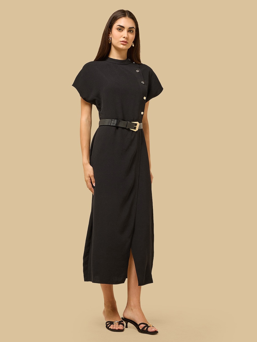 Button Accent Midi Dress with Belt