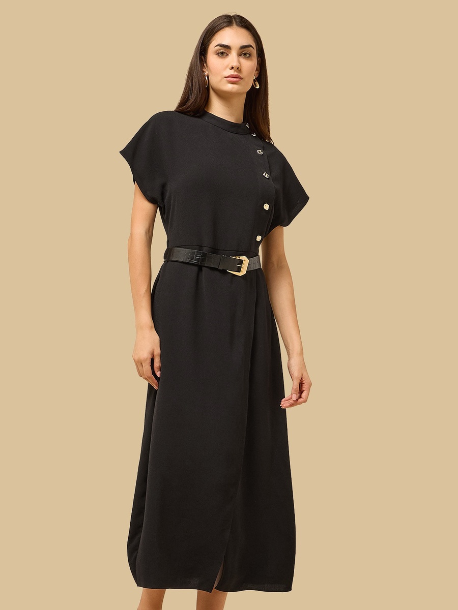 Button Accent Midi Dress with Belt