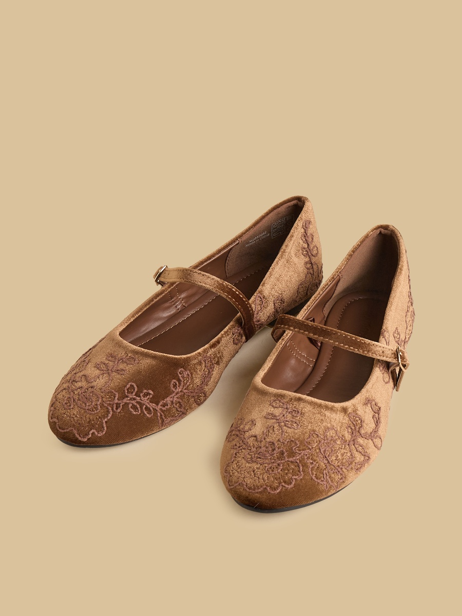 Embroidered Mary Jane Shoes with Buckle Closure