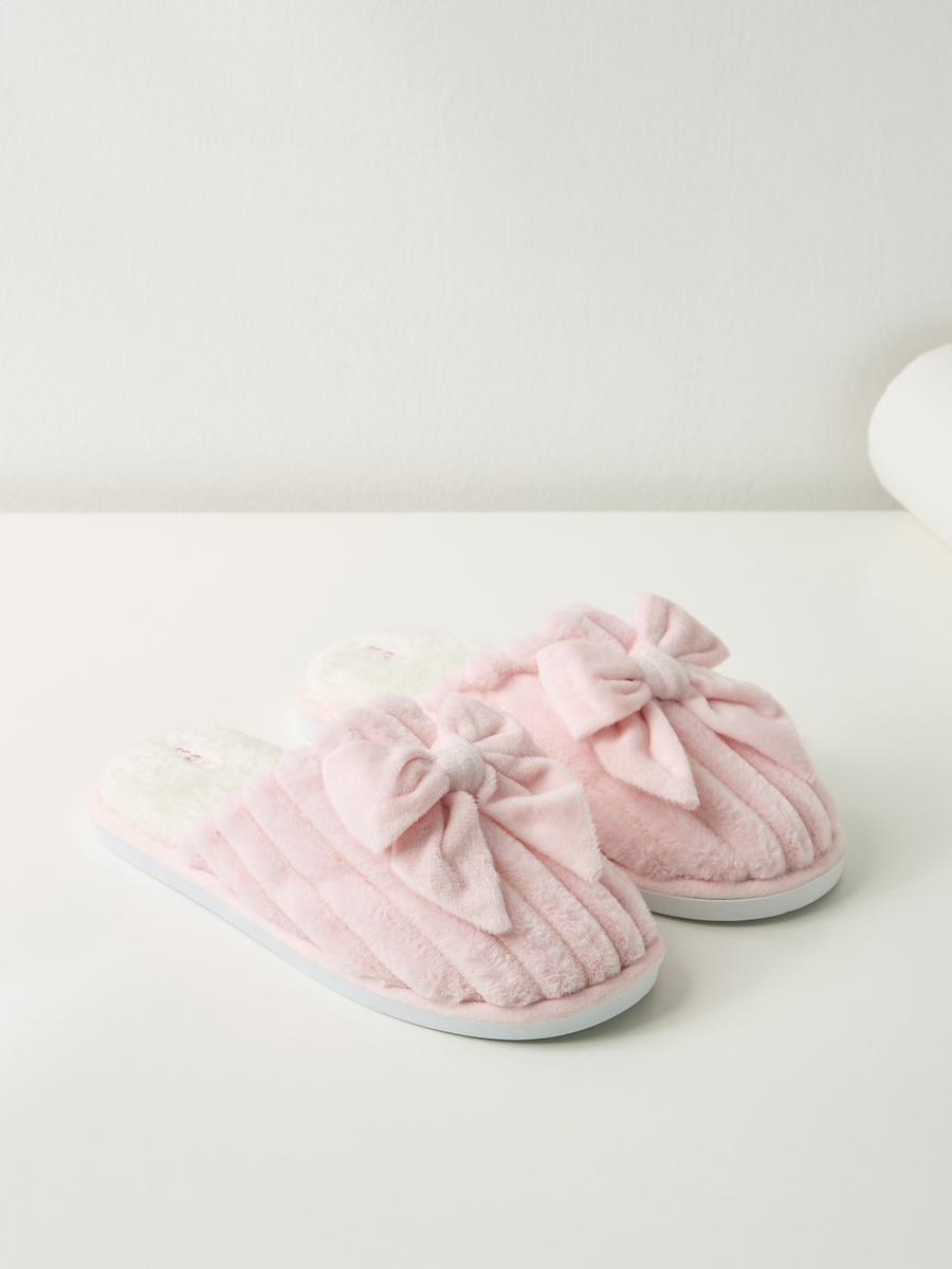 Textured Bedroom Mules with Bow Detail