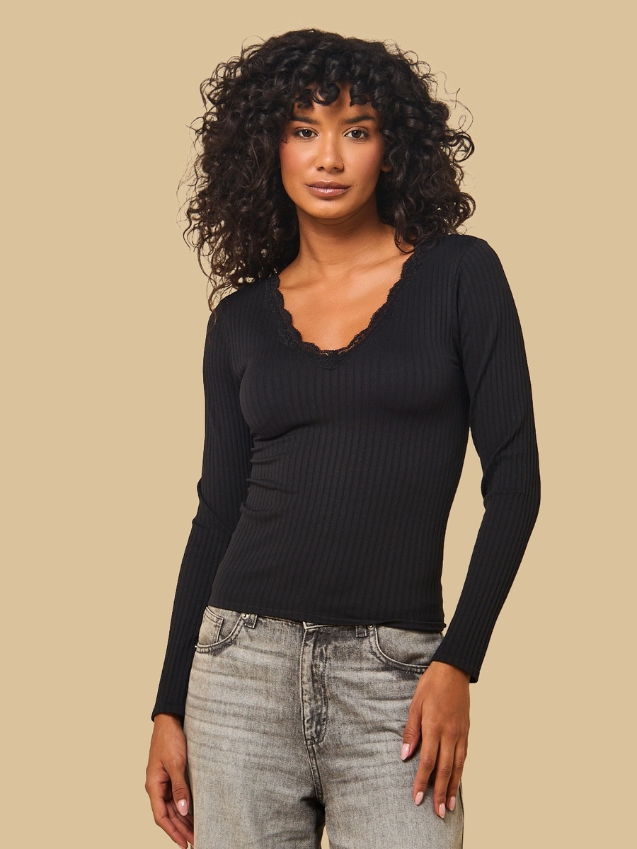 Ribbed T-Shirt with Lace Trim