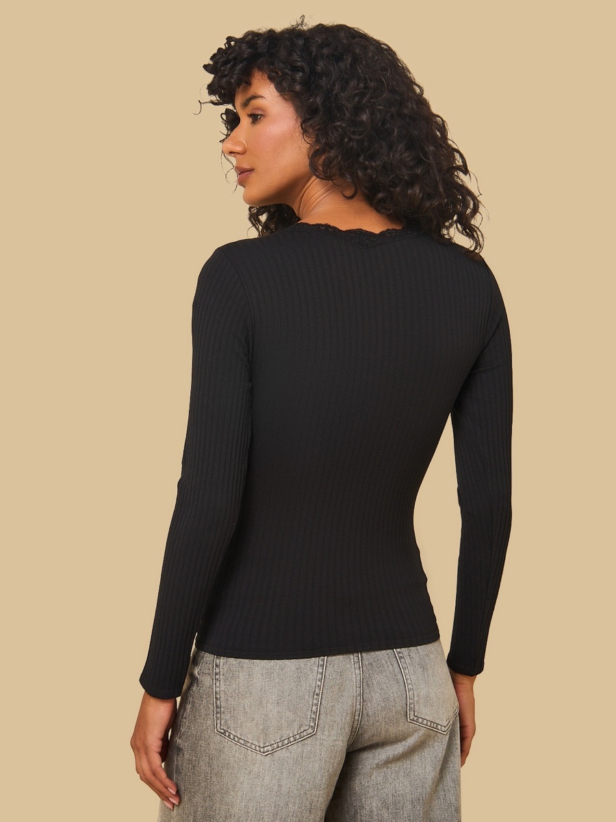 Ribbed T-Shirt with Lace Trim