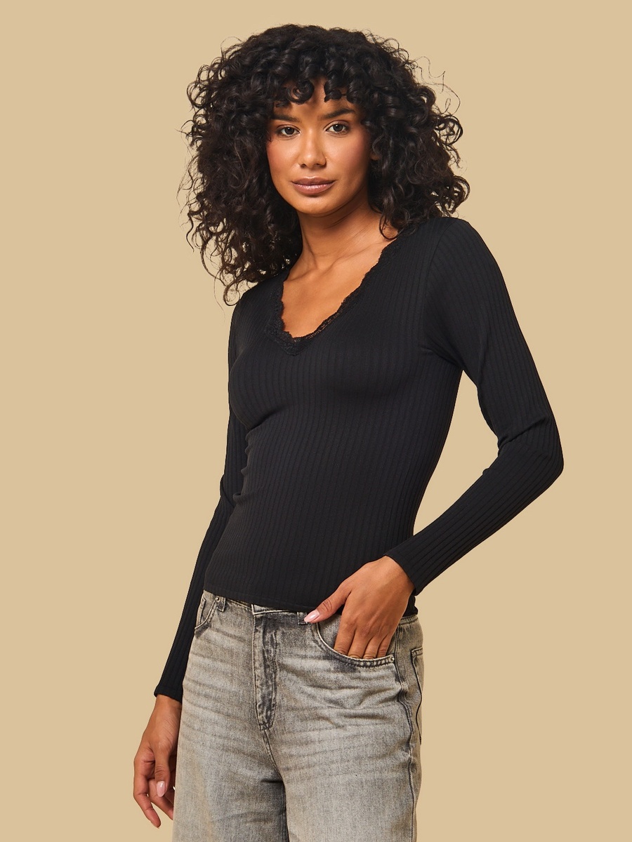 Ribbed T-Shirt with Lace Trim