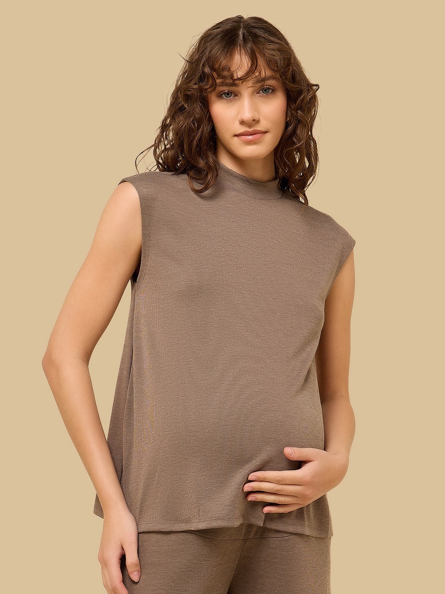 Ribbed Sleeveless Maternity Top with High Neck
