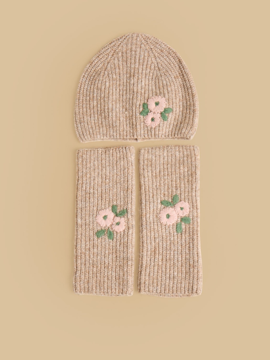 Floral Embroidered Beanie and Hand Warmer Set