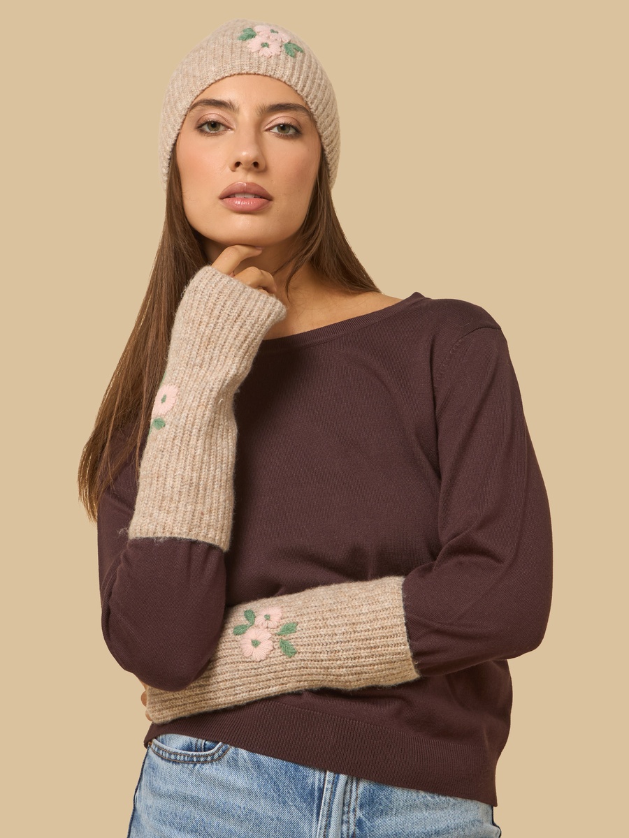 Floral Embroidered Beanie and Hand Warmer Set