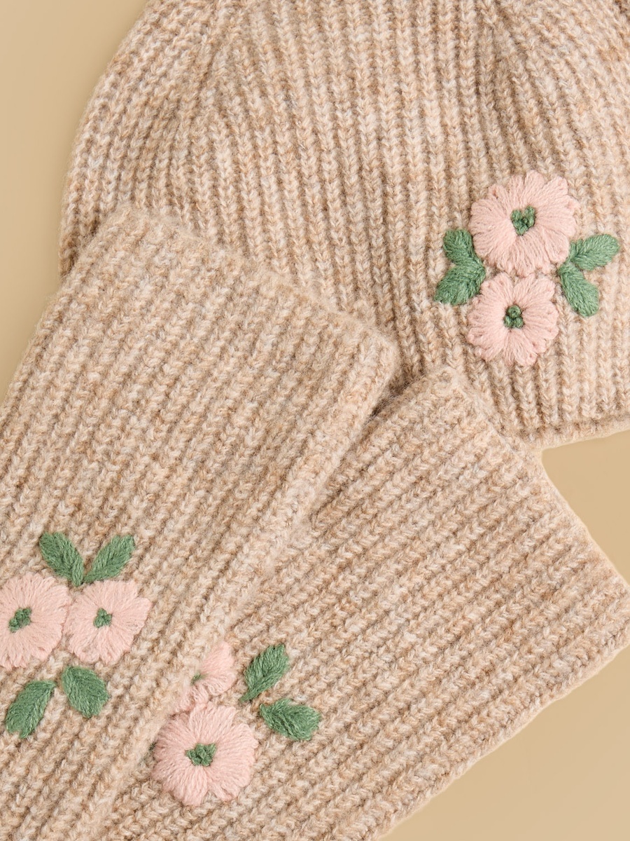 Floral Embroidered Beanie and Hand Warmer Set