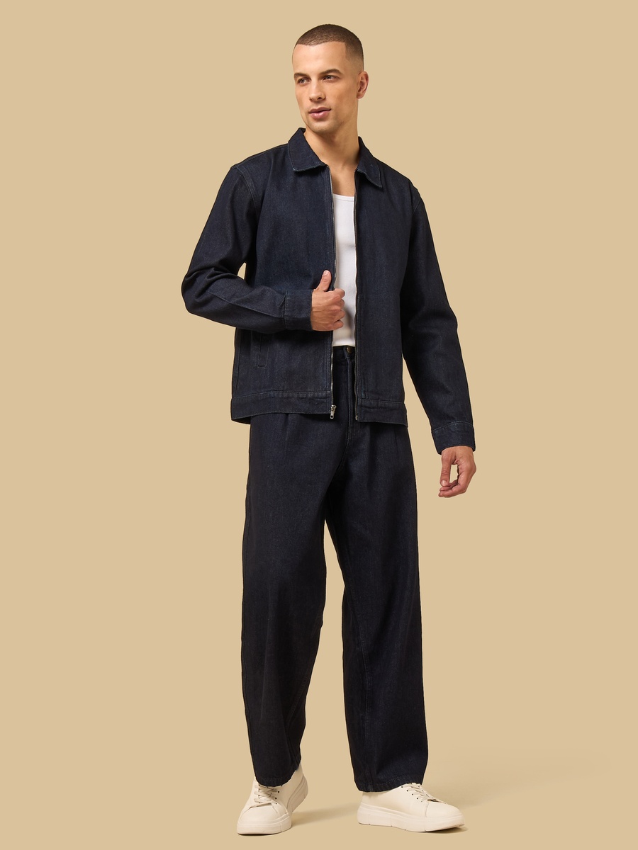 Loose Fit Raw Wash Pleated Jeans