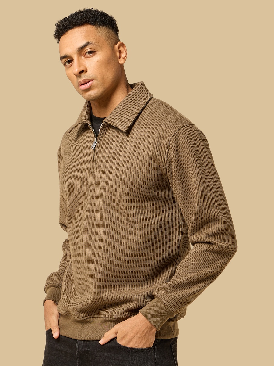 Waffle Textured Relaxed Fit Collared Sweatshirt