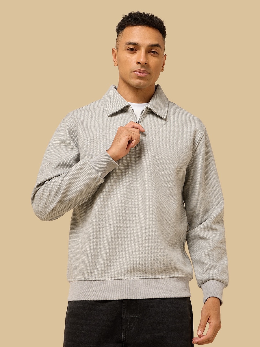 Waffle Textured Relaxed Fit Collared Sweatshirt