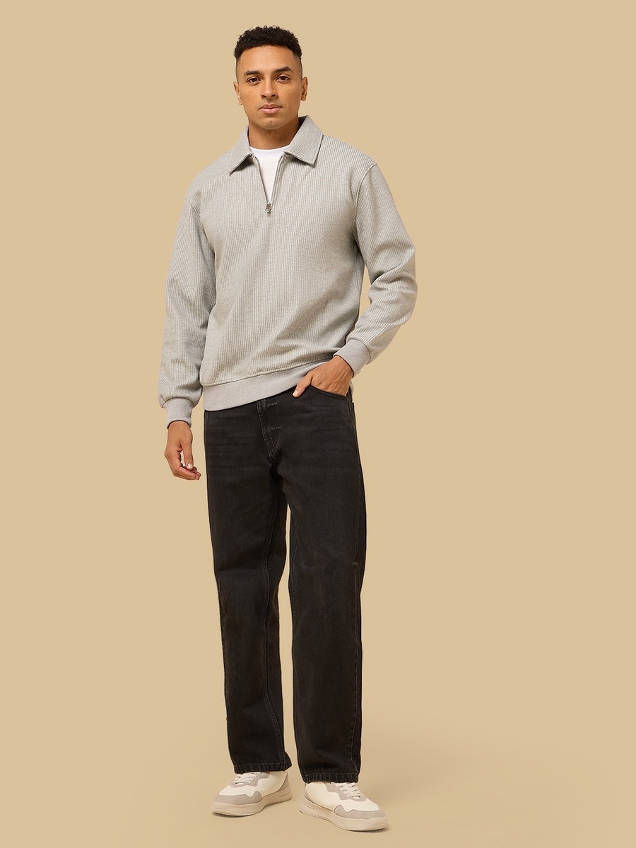 Waffle Textured Relaxed Fit Collared Sweatshirt