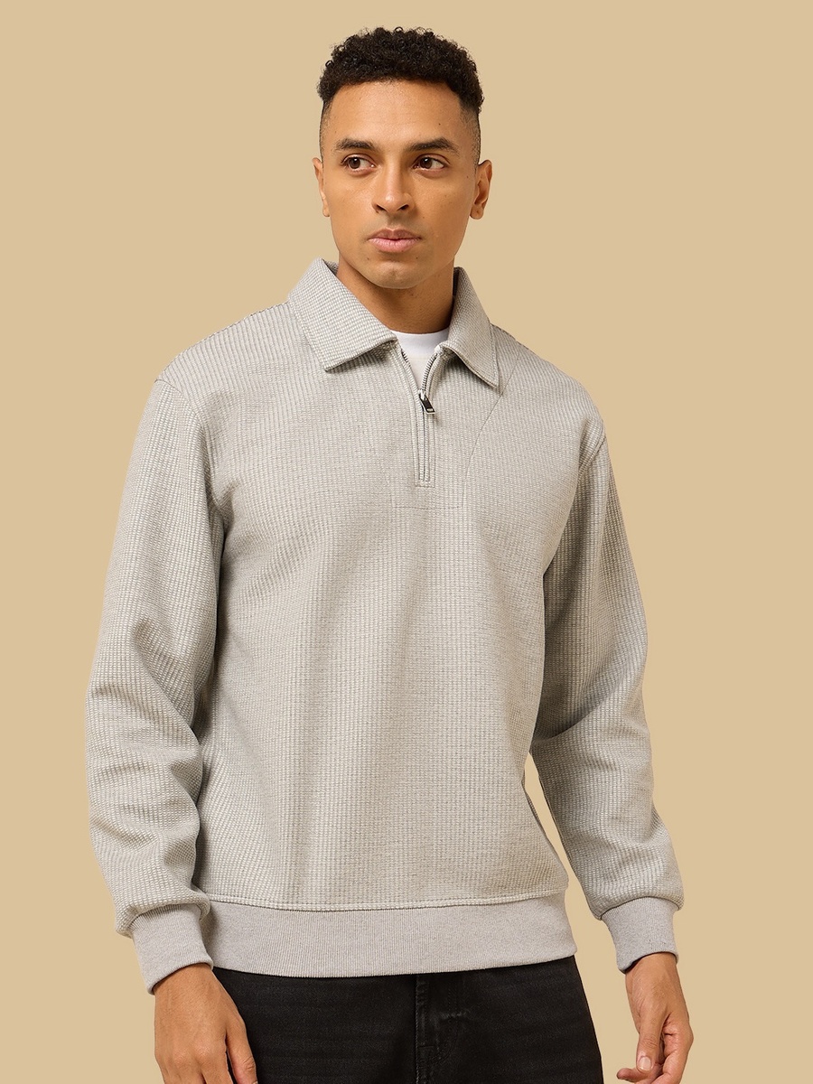 Waffle Textured Relaxed Fit Collared Sweatshirt