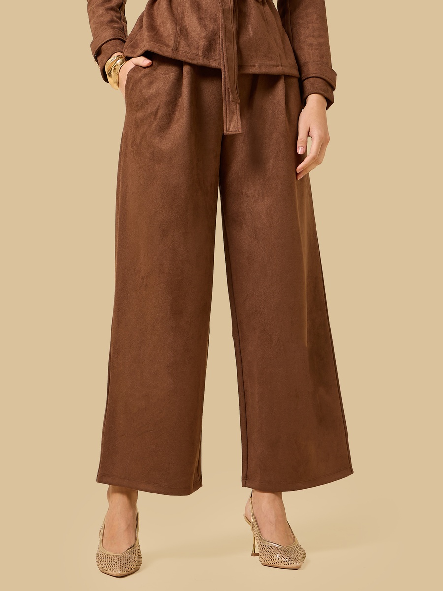 Pleated Suede Wide Leg Pants