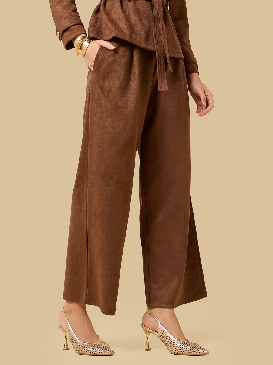 Pleated Suede Wide Leg Pants