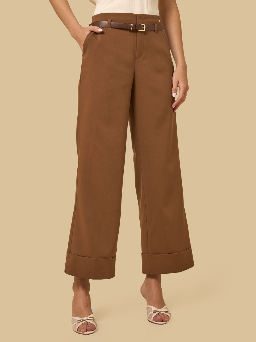 Belted Wide Leg Pants with Turn-Up Hem