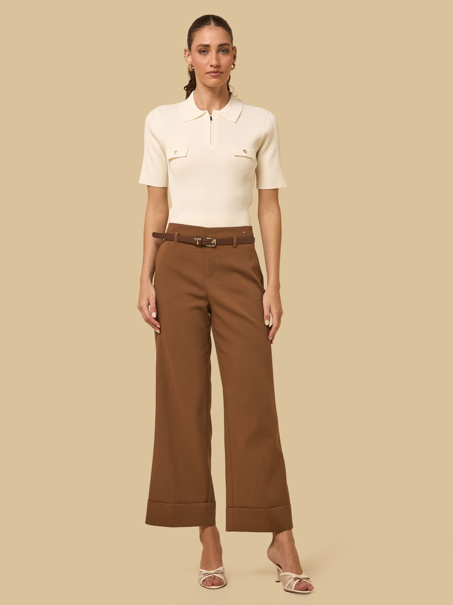 Belted Wide Leg Pants with Turn-Up Hem
