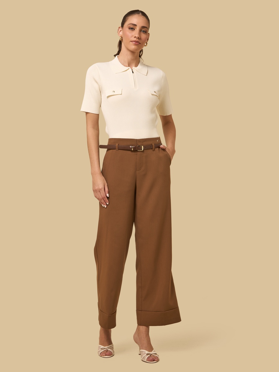 Belted Wide Leg Pants with Turn-Up Hem