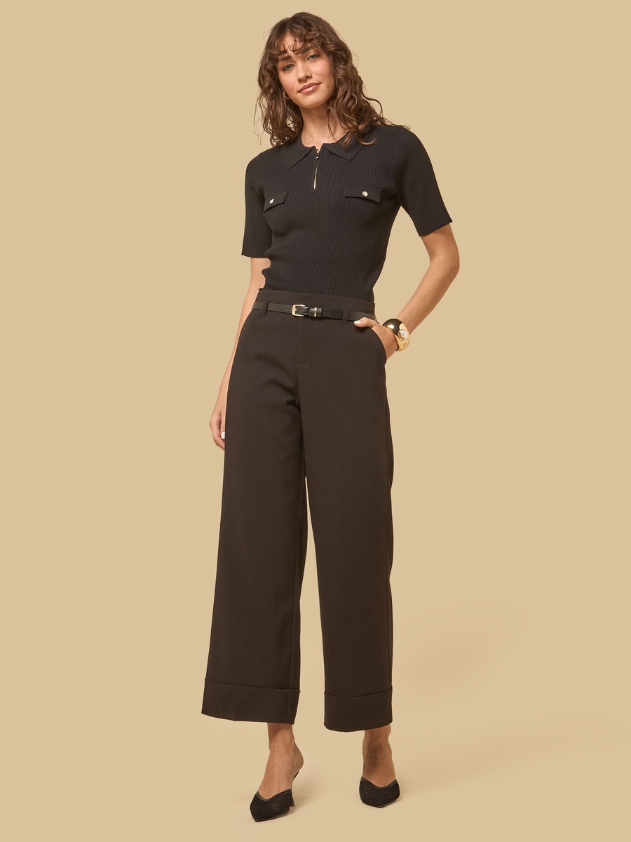 Turn-Up Hem Wide Leg Pants with Belt