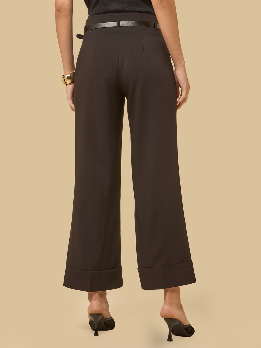 Turn-Up Hem Wide Leg Pants with Belt