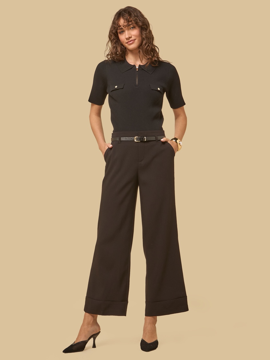 Turn-Up Hem Wide Leg Pants with Belt