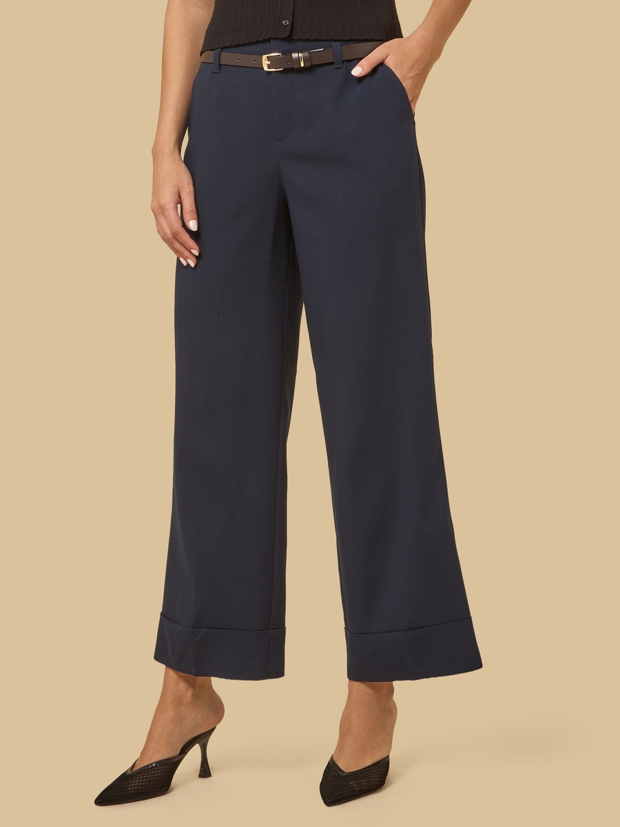 Belted Wide Leg Pants with Turn-Up Hem