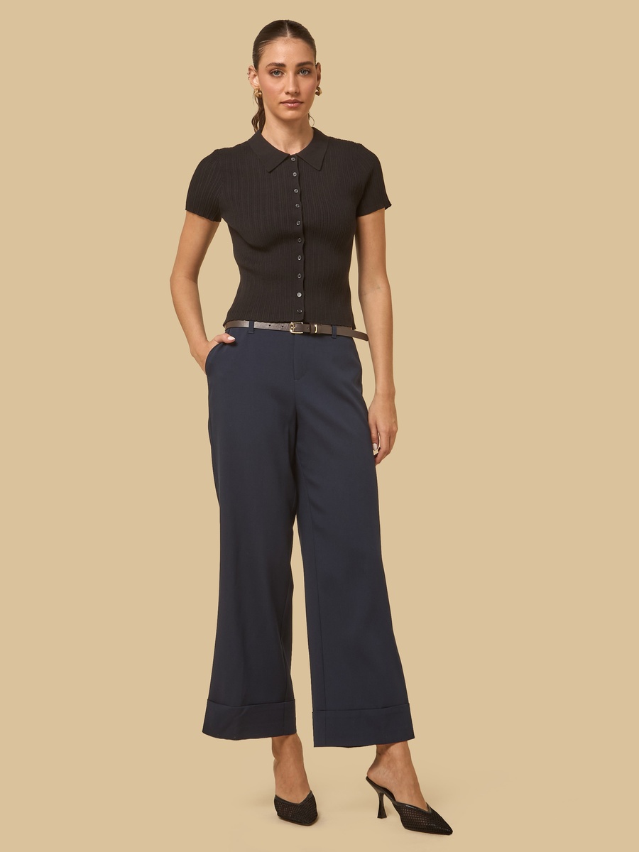 Belted Wide Leg Pants with Turn-Up Hem