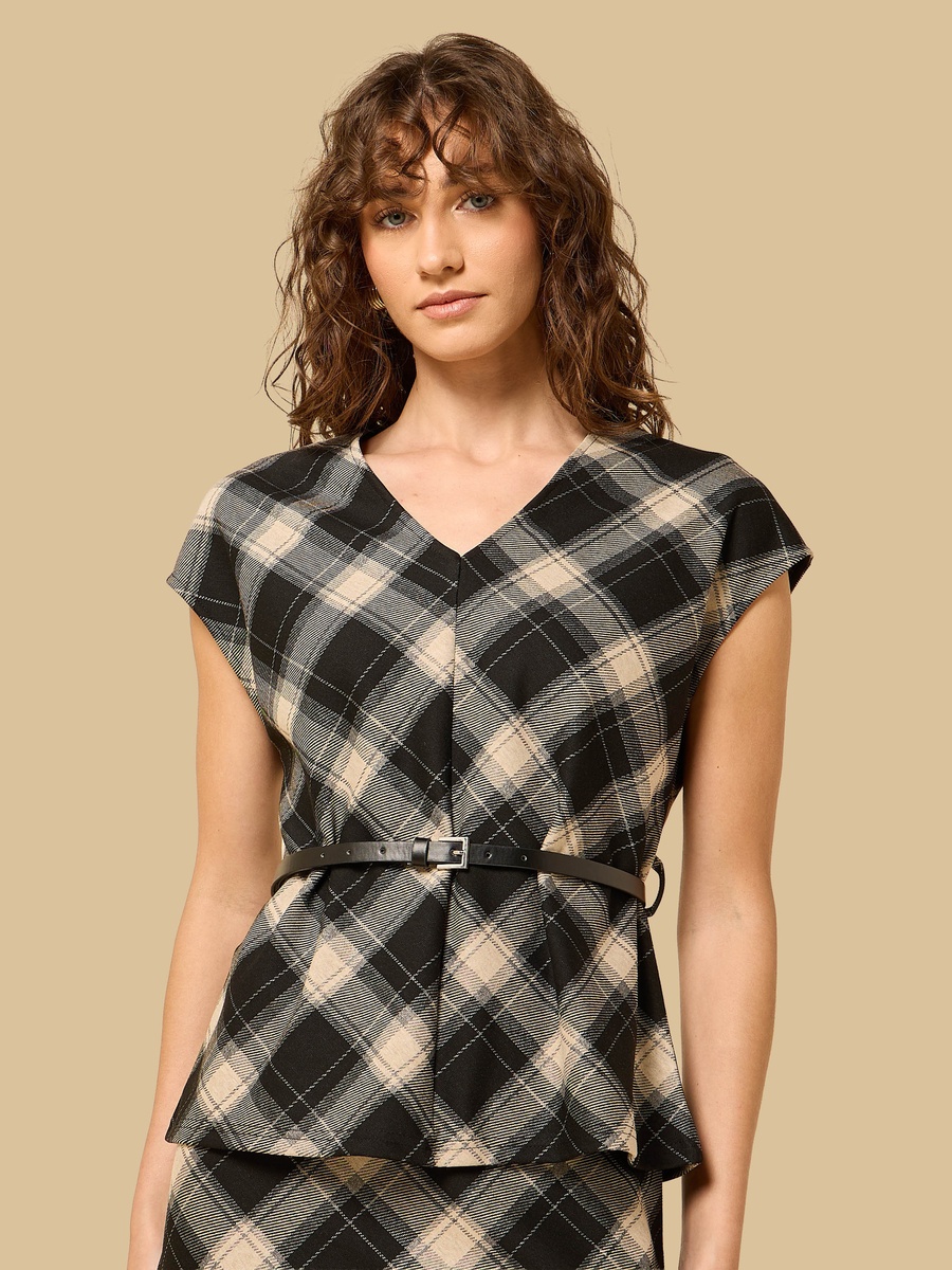 Checked V Neck Top