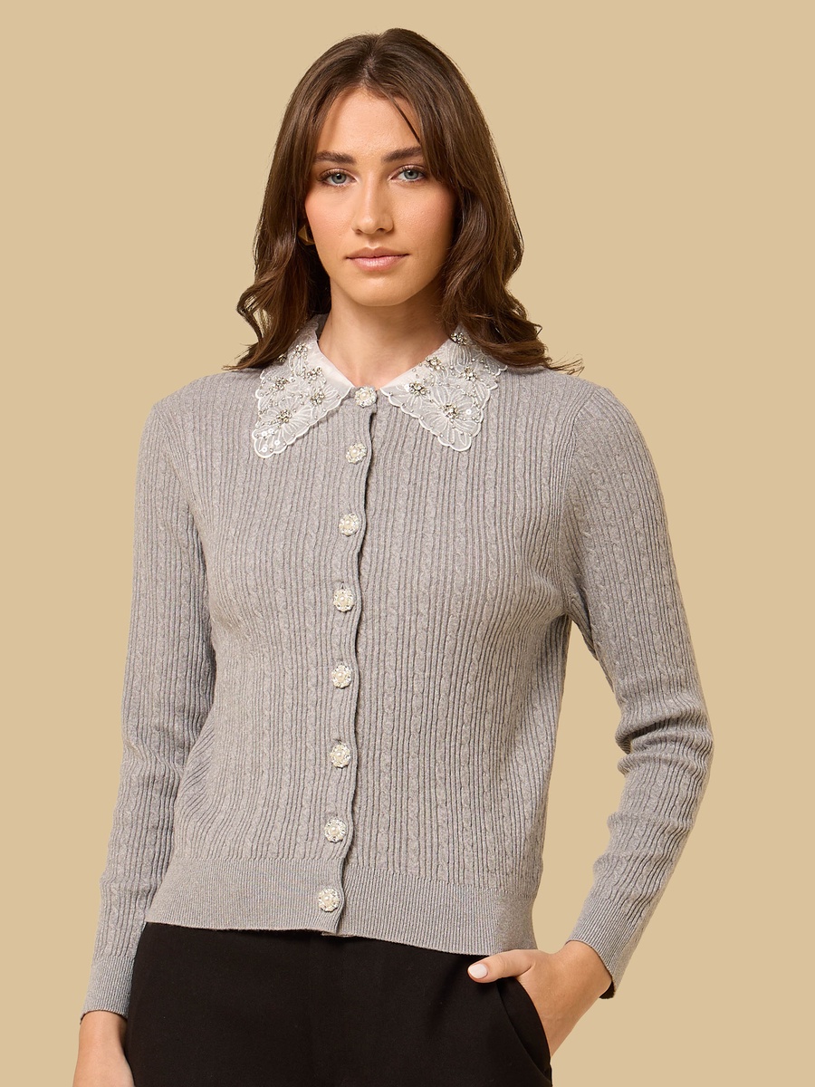 Embellished Cardigan with Detachable Collar