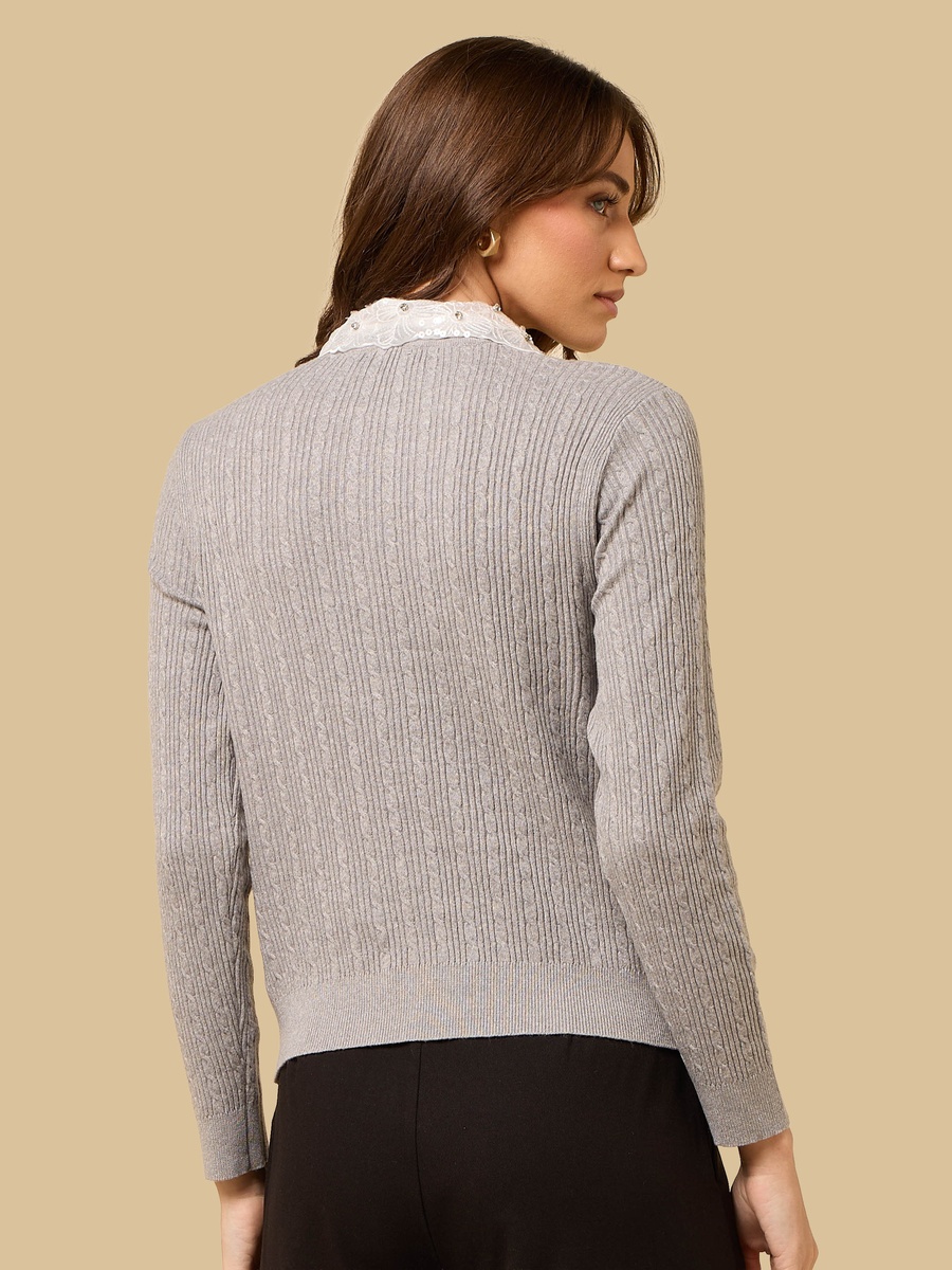 Embellished Cardigan with Detachable Collar