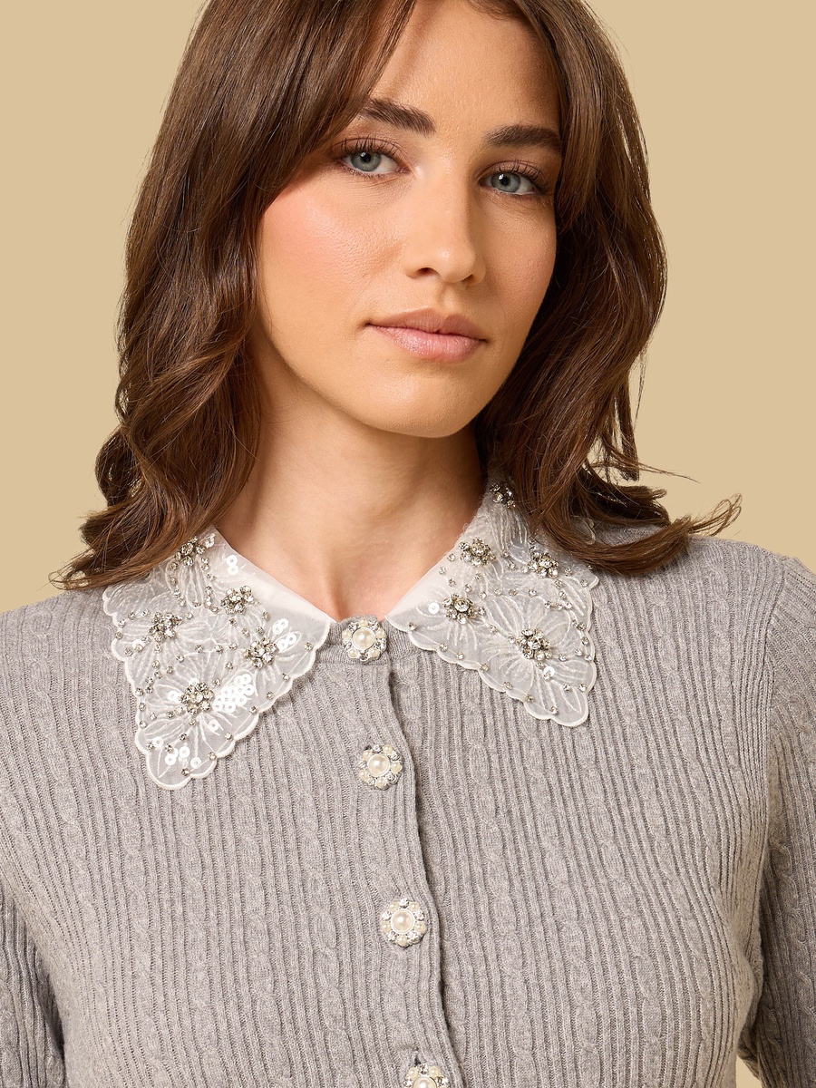 Embellished Cardigan with Detachable Collar