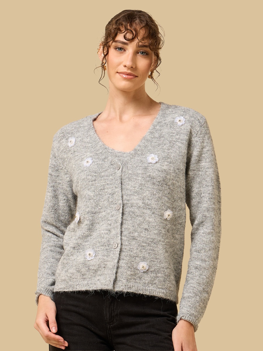 Floral Embellished V Neck Cardigan