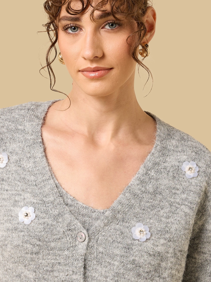 Floral Embellished V Neck Cardigan