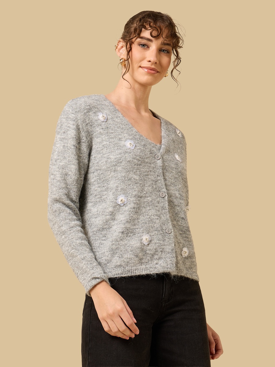 Floral Embellished V Neck Cardigan
