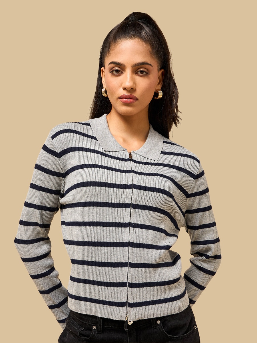 Striped Zip Through Collared Cardigan
