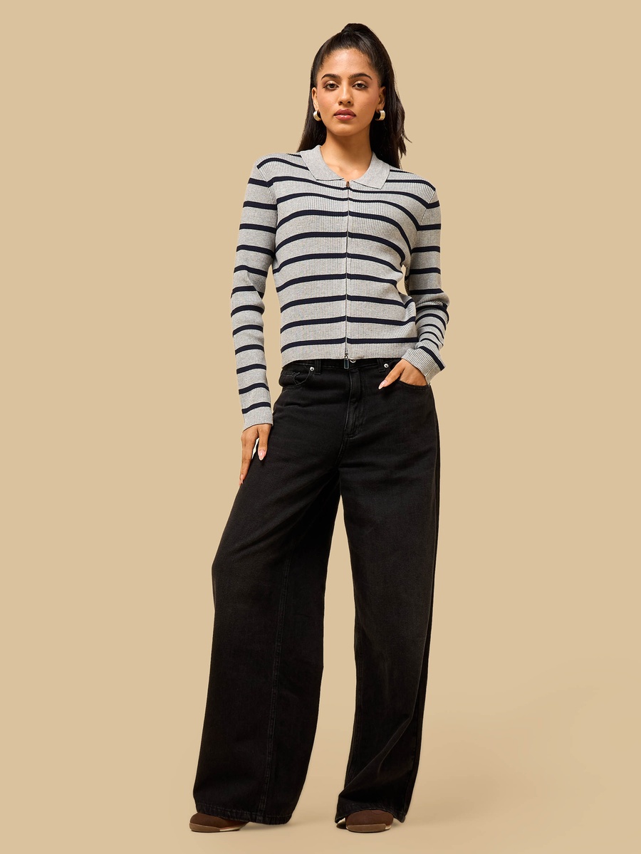 Striped Zip Through Collared Cardigan