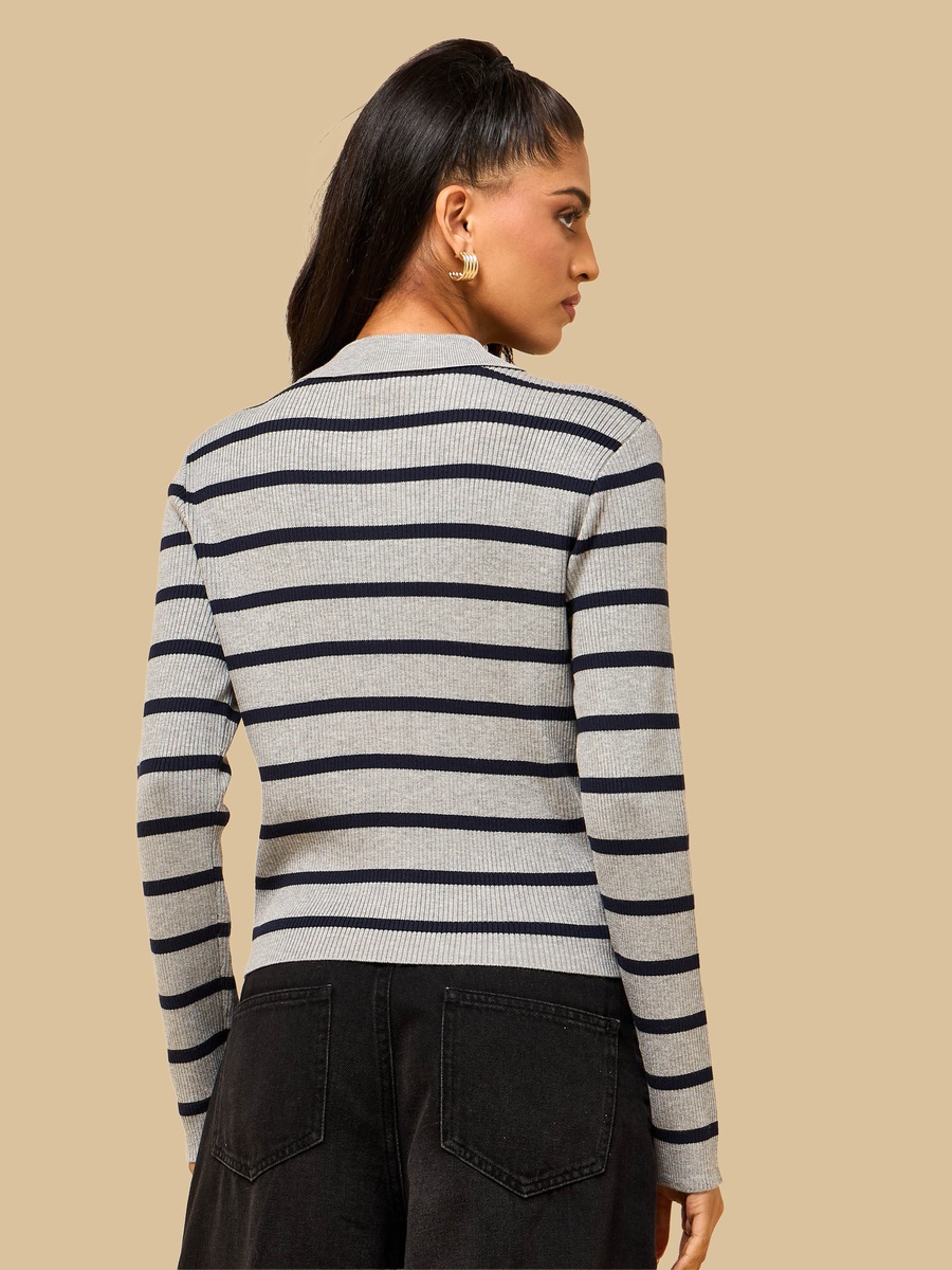 Striped Zip Through Collared Cardigan