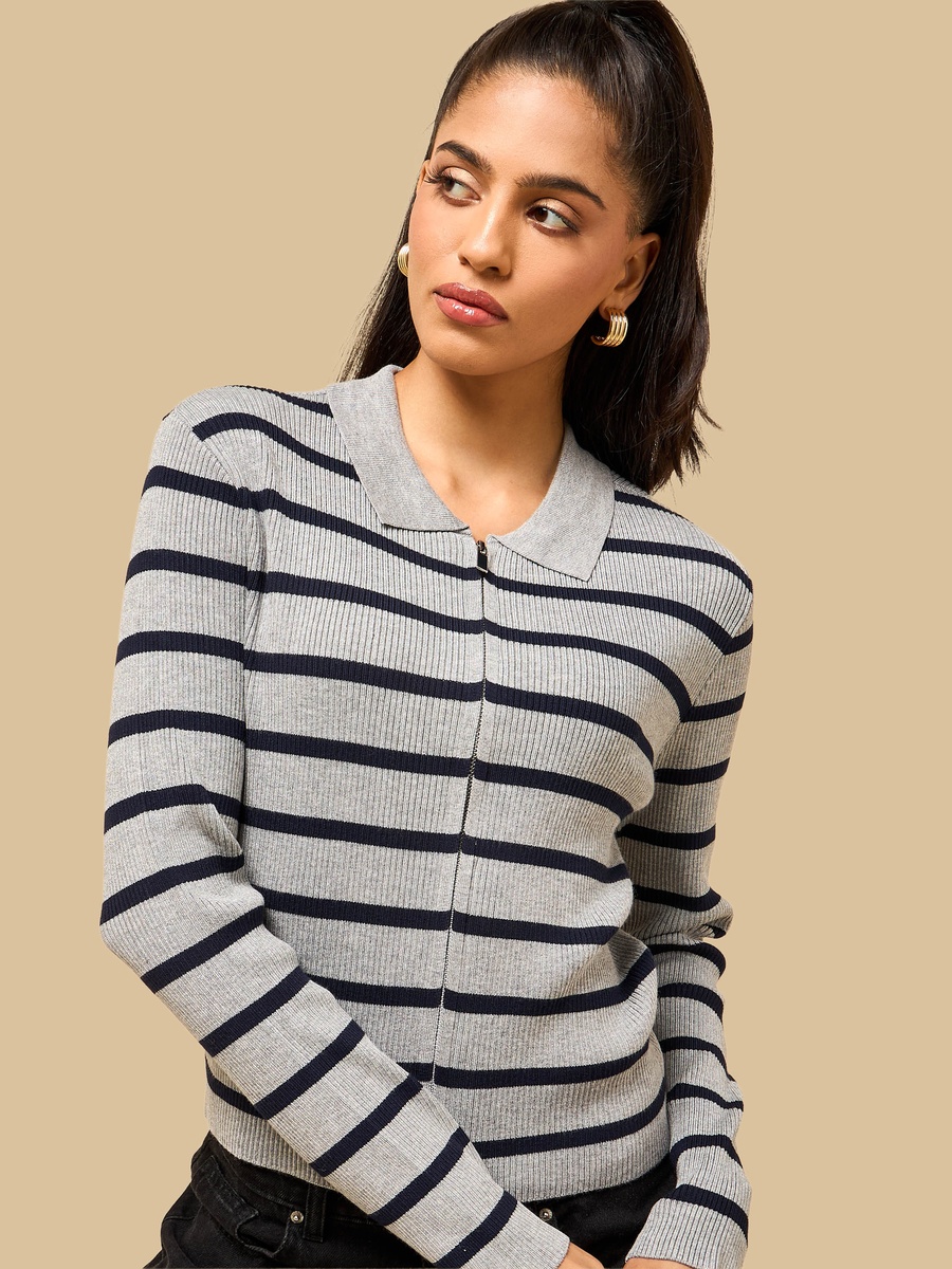 Striped Zip Through Collared Cardigan
