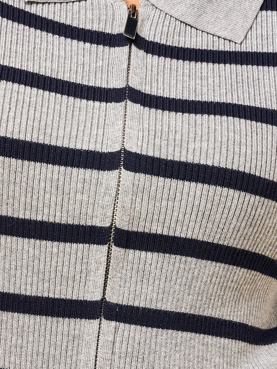 Striped Zip Through Collared Cardigan