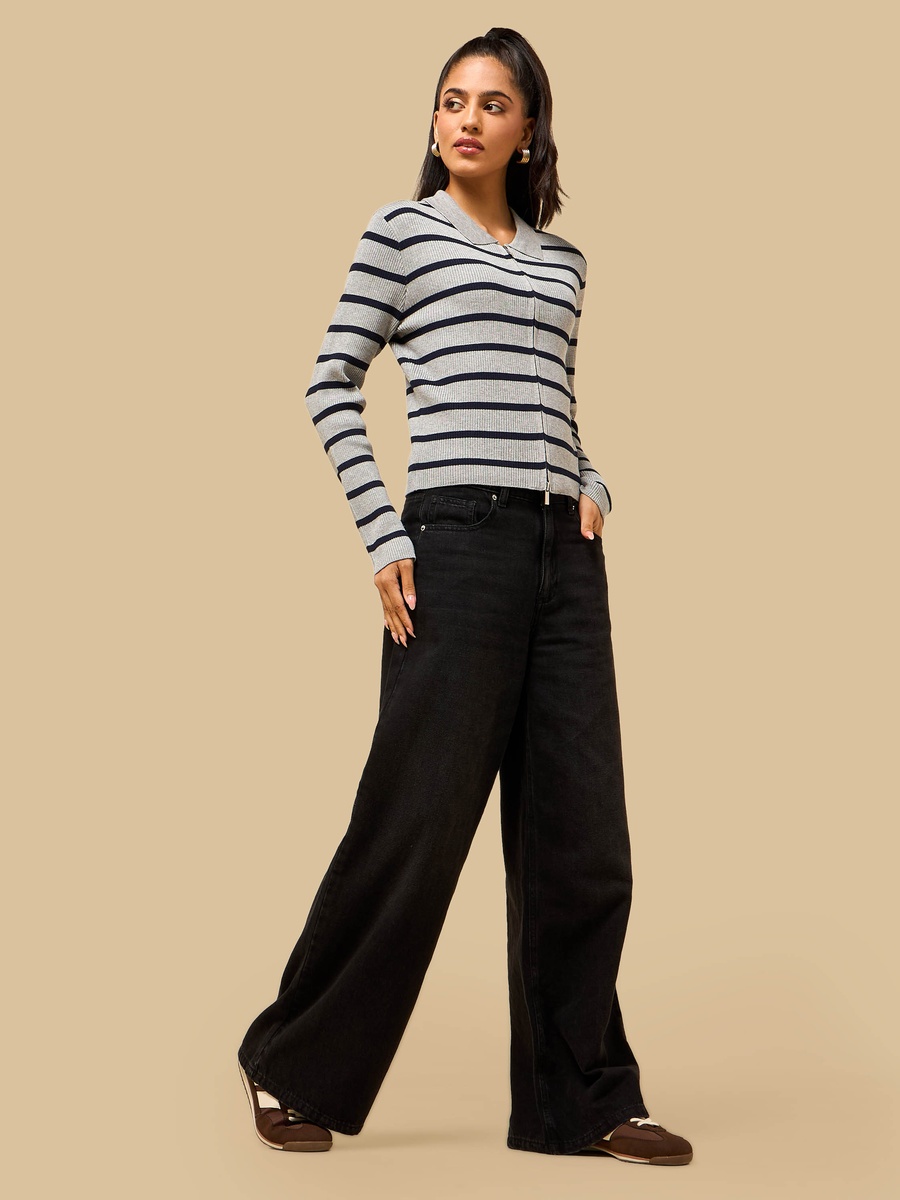 Striped Zip Through Collared Cardigan