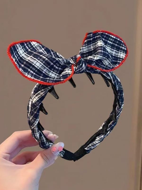 Navy Plaid Bunny Ear Toothed Headband