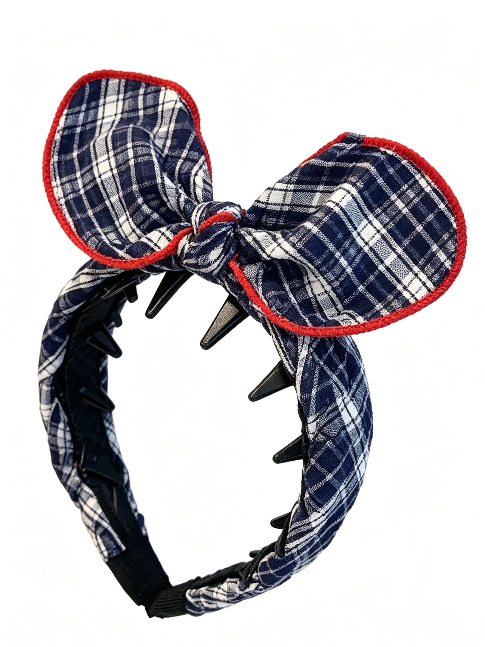 Navy Plaid Bunny Ear Toothed Headband