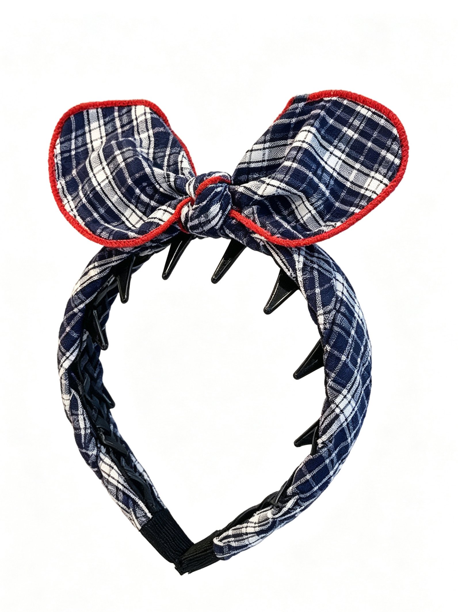 Navy Plaid Bunny Ear Toothed Headband
