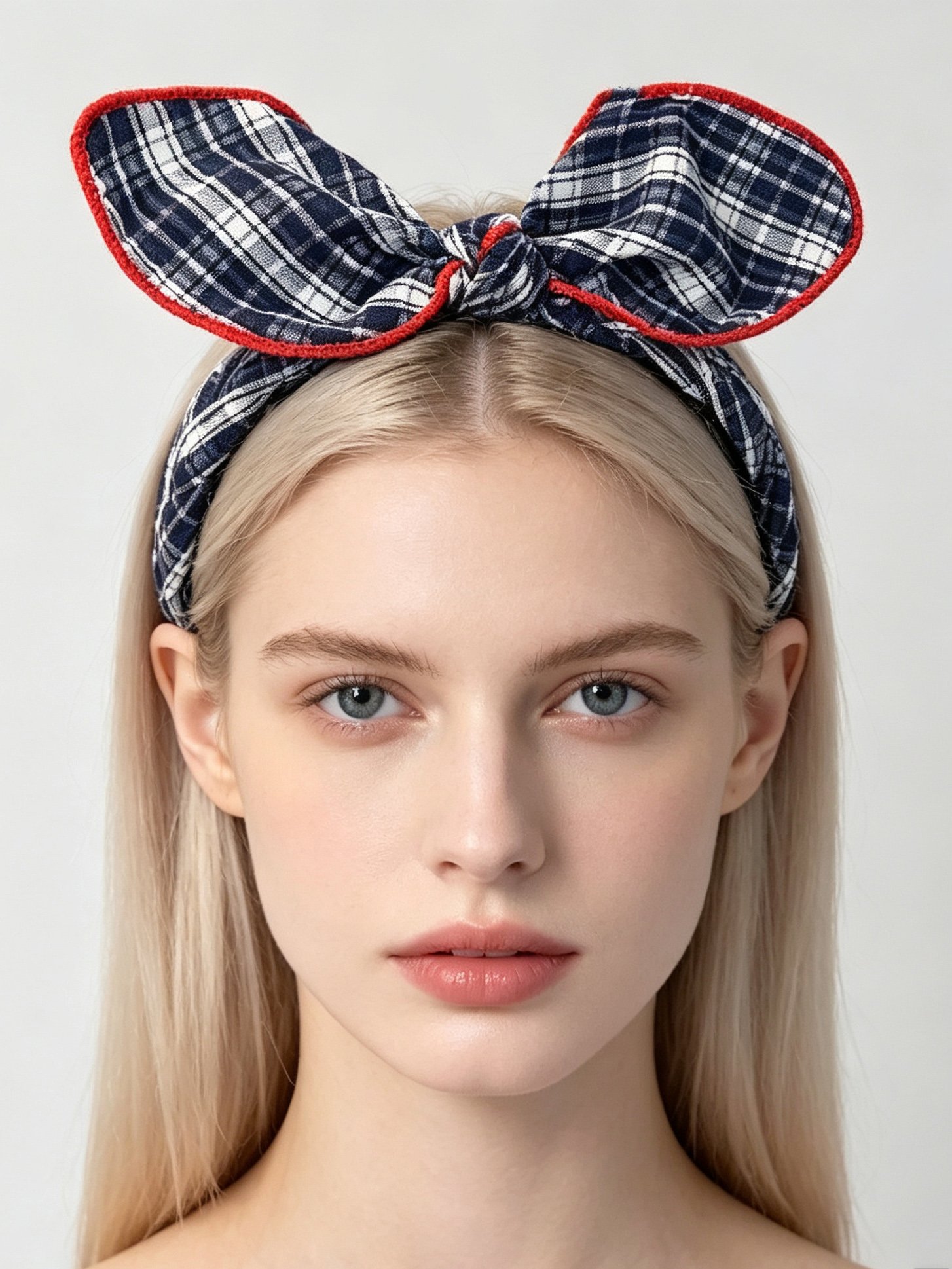 Navy Plaid Bunny Ear Toothed Headband