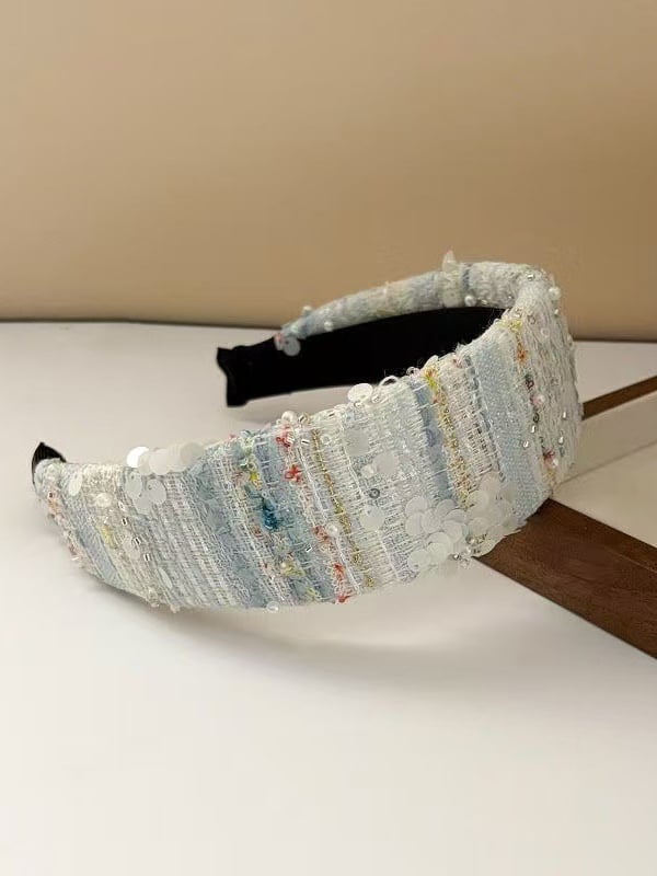 Tweed Headband with Pearl and Sequin Embellishments